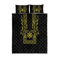 Philippines Barong Style Quilt Bed Set with Polynesian Art and Leaf Motif Black-Gold Color