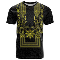 Philippines Barong Style T Shirt with Polynesian Art and Leaf Motif Black-Gold Color