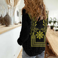 Philippines Barong Style Women Casual Shirt with Polynesian Art and Leaf Motif Black-Gold Color