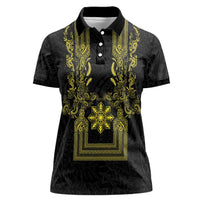Philippines Barong Style Women Polo Shirt with Polynesian Art and Leaf Motif Black-Gold Color