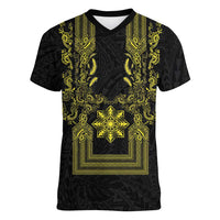 Philippines Barong Style Women V-Neck T-Shirt with Polynesian Art and Leaf Motif Black-Gold Color