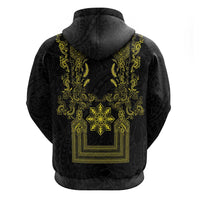 Philippines Barong Style Zip Hoodie with Polynesian Art and Leaf Motif Black-Gold Color