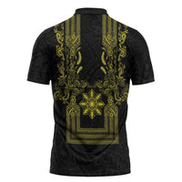 Philippines Barong Style Zipper Polo Shirt with Polynesian Art and Leaf Motif Black-Gold Color