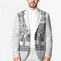Philippines Barong Style Blazer with Polynesian Art and Leaf Motif Black-White Color