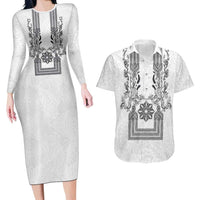 Philippines Barong Style Couples Matching Long Sleeve Bodycon Dress and Hawaiian Shirt with Polynesian Art and Leaf Motif Black-White Color LT03 White - Polynesian Pride