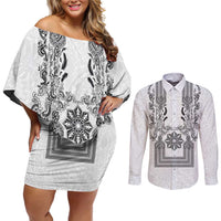 Philippines Barong Style Couples Matching Off Shoulder Short Dress and Long Sleeve Button Shirt with Polynesian Art and Leaf Motif Black-White Color