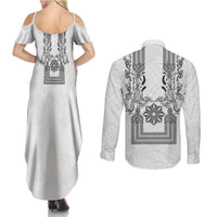 Philippines Barong Style Couples Matching Summer Maxi Dress and Long Sleeve Button Shirt with Polynesian Art and Leaf Motif Black-White Color