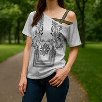 Philippines Barong Style Cross Shoulder Shirt with Polynesian Art and Leaf Motif Black-White Color