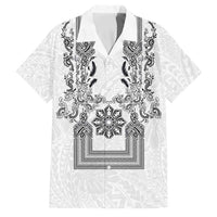 Philippines Barong Style Family Matching Tank Maxi Dress and Hawaiian Shirt with Polynesian Art and Leaf Motif Black-White Color LT03 Dad's Shirt - Short Sleeve White - Polynesian Pride