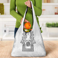 Philippines Barong Style Grocery Bag with Polynesian Art and Leaf Motif Black-White Color