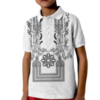 Philippines Barong Style Kid Polo Shirt with Polynesian Art and Leaf Motif Black-White Color