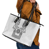 Philippines Barong Style Leather Tote Bag with Polynesian Art and Leaf Motif Black-White Color