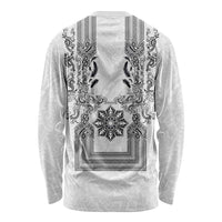Philippines Barong Style Long Sleeve Shirt with Polynesian Art and Leaf Motif Black-White Color