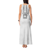 Philippines Barong Style Tank Maxi Dress with Polynesian Art and Leaf Motif Black-White Color