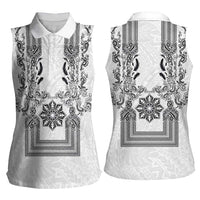 Philippines Barong Style Women Sleeveless Polo Shirt with Polynesian Art and Leaf Motif Black-White Color