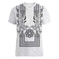 Philippines Barong Style Women V-Neck T-Shirt with Polynesian Art and Leaf Motif Black-White Color