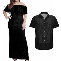 Philippines Barong Style Couples Matching Off Shoulder Maxi Dress and Hawaiian Shirt with Polynesian Art and Leaf Motif Black Color