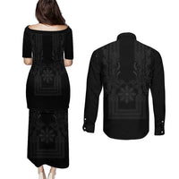 Philippines Barong Style Couples Matching Puletasi and Long Sleeve Button Shirt with Polynesian Art and Leaf Motif Black Color