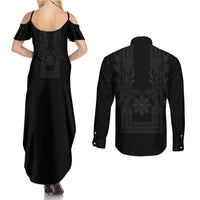 Philippines Barong Style Couples Matching Summer Maxi Dress and Long Sleeve Button Shirt with Polynesian Art and Leaf Motif Black Color