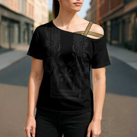 Philippines Barong Style Cross Shoulder Shirt with Polynesian Art and Leaf Motif Black Color