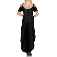 Philippines Barong Style Family Matching Summer Maxi Dress and Hawaiian Shirt with Polynesian Art and Leaf Motif Black Color LT03 - Polynesian Pride