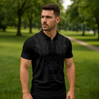 Philippines Barong Style Zipper Polo Shirt with Polynesian Art and Leaf Motif Black Color