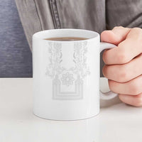 Philippines Barong Style Ceramic Mug with Polynesian Art and Leaf Motif White Color
