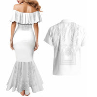 Philippines Barong Style Couples Matching Mermaid Dress and Hawaiian Shirt with Polynesian Art and Leaf Motif White Color