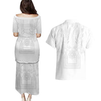 Philippines Barong Style Couples Matching Puletasi and Hawaiian Shirt with Polynesian Art and Leaf Motif White Color