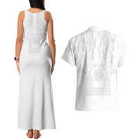 Philippines Barong Style Couples Matching Tank Maxi Dress and Hawaiian Shirt with Polynesian Art and Leaf Motif White Color
