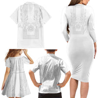 Philippines Barong Style Family Matching Long Sleeve Bodycon Dress and Hawaiian Shirt with Polynesian Art and Leaf Motif White Color LT03 - Polynesian Pride