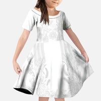 Philippines Barong Style Family Matching Off Shoulder Maxi Dress and Hawaiian Shirt with Polynesian Art and Leaf Motif White Color LT03 Daughter's Dress White - Polynesian Pride