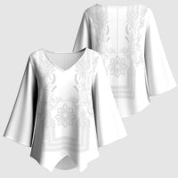 Philippines Barong Style Kimono Sleeve Blouse with Polynesian Art and Leaf Motif White Color