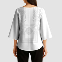 Philippines Barong Style Kimono Sleeve Blouse with Polynesian Art and Leaf Motif White Color