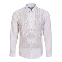 Philippines Barong Style Long Sleeve Button Shirt with Polynesian Art and Leaf Motif White Color