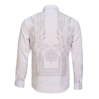Philippines Barong Style Long Sleeve Button Shirt with Polynesian Art and Leaf Motif White Color