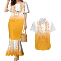 Philippines Barong Style Couples Matching Mermaid Dress and Hawaiian Shirt with Polynesian Art and Leaf Motif Yellow Color LT03 Yellow - Polynesian Pride