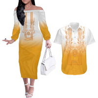 Philippines Barong Style Couples Matching Off The Shoulder Long Sleeve Dress and Hawaiian Shirt with Polynesian Art and Leaf Motif Yellow Color LT03 Yellow - Polynesian Pride