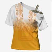 Philippines Barong Style Cross Shoulder Shirt with Polynesian Art and Leaf Motif Yellow Color