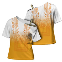 Philippines Barong Style Cross Shoulder Shirt with Polynesian Art and Leaf Motif Yellow Color