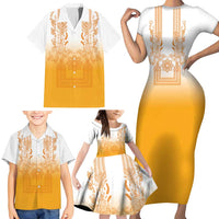 Philippines Barong Style Family Matching Short Sleeve Bodycon Dress and Hawaiian Shirt with Polynesian Art and Leaf Motif Yellow Color LT03 - Polynesian Pride