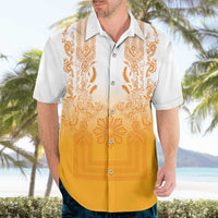 Philippines Barong Style Hawaiian Shirt with Polynesian Art and Leaf Motif Yellow Color