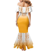 Philippines Barong Style Mermaid Dress with Polynesian Art and Leaf Motif Yellow Color
