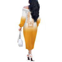 Philippines Barong Style Off The Shoulder Long Sleeve Dress with Polynesian Art and Leaf Motif Yellow Color