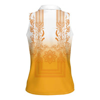 Philippines Barong Style Women Sleeveless Polo Shirt with Polynesian Art and Leaf Motif Yellow Color