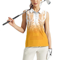 Philippines Barong Style Women Sleeveless Polo Shirt with Polynesian Art and Leaf Motif Yellow Color