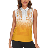 Philippines Barong Style Women Sleeveless Polo Shirt with Polynesian Art and Leaf Motif Yellow Color