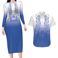 Philippines Barong Style Couples Matching Long Sleeve Bodycon Dress and Hawaiian Shirt with Polynesian Art and Leaf Motif Blue Color LT03 Blue - Polynesian Pride