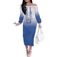 Philippines Barong Style Family Matching Off The Shoulder Long Sleeve Dress and Hawaiian Shirt with Polynesian Art and Leaf Motif Blue Color LT03 Mom's Dress Blue - Polynesian Pride