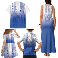Philippines Barong Style Family Matching Tank Maxi Dress and Hawaiian Shirt with Polynesian Art and Leaf Motif Blue Color LT03 - Polynesian Pride
